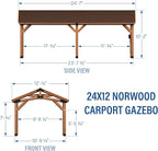 Backyard Discovery Norwood 24' x 12' Cedar Wood Outdoor Gazebo Pavilion with Hardtop Galvanized Steel Peak Roof, Snow Support, Wind Resistance, PowerPort, Shade for Garden, Patio, Deck, Entertaining