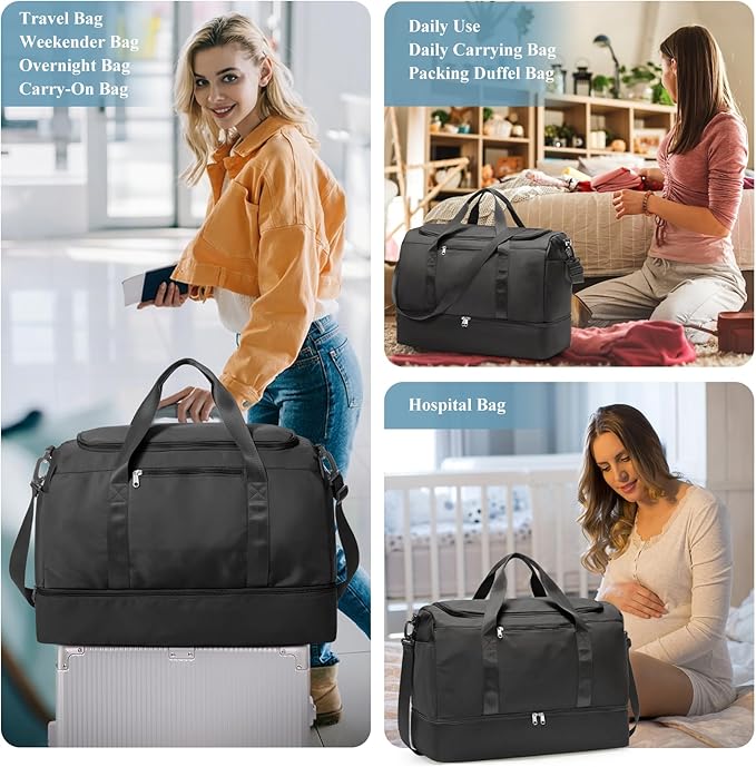 Travel Duffel Bag for Women, Carry-on Overnight Weekender Bags with Wet Pocket, For Spirit Airlines 18x14x8 Personal Item Bag,Small,Black
