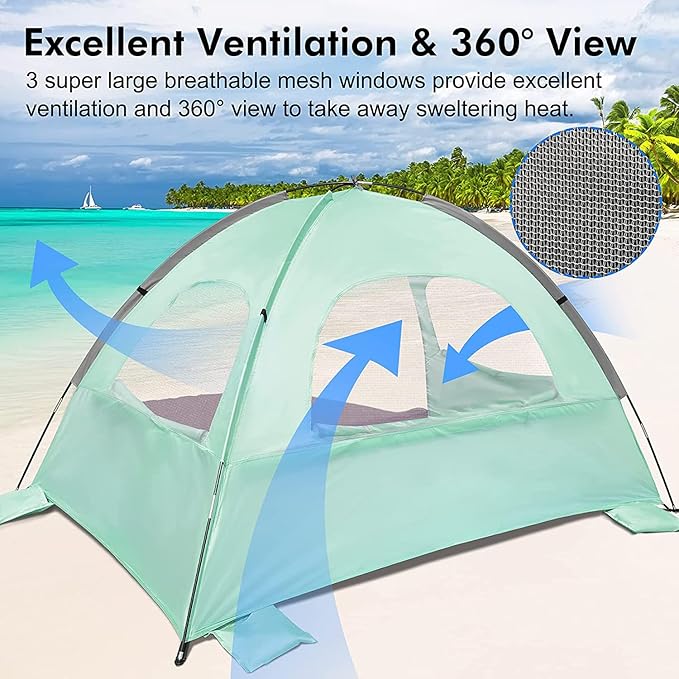 WhiteFang Beach Tent Anti-UV Portable Sun Shade Shelter for 3/4/6/8 Person, Extendable Floor with 3 Ventilating Mesh Windows Plus Carrying Bag, Stakes and Guy Lines