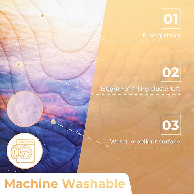 KingCamp Ultralight Camping Blanket, Packable Down Alternative Puffy Printed Wearable Blanket with Snap Buttons & Corner Loops Weatherproof Quilt for Outdoor Travel Stadium (79" L x 57" W, Sunrise)