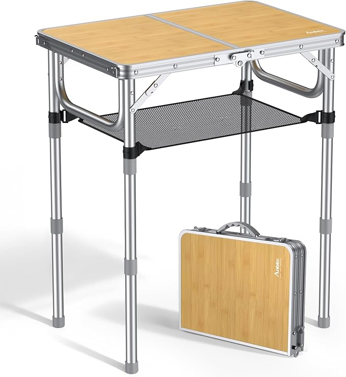 2ft Camping Table Foldable, 3 Adjustable Heights High 27.5" Aluminum Small Folding Table with Carrying Handle, Portable, for Outdoor Indoor Picnic Beach BBQ Party Travel, 24" x 16", Yellow