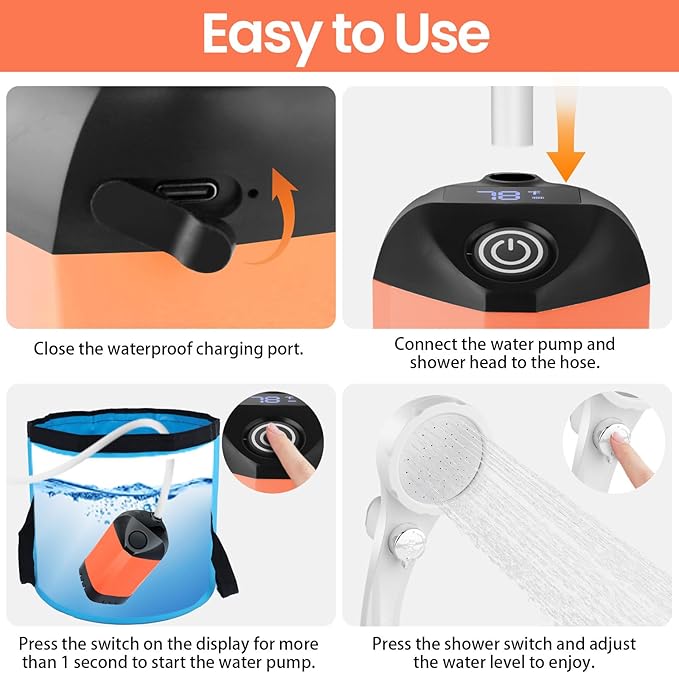 Portable Shower for Camping, 7800mAh Rechargeable Camping Shower with 3 Spray Modes, IPX7 Waterproof Portable Shower Pump for Outdoor, Hiking, Travel, Car, Pet-Long-Lasting Battery & Powerful Suction