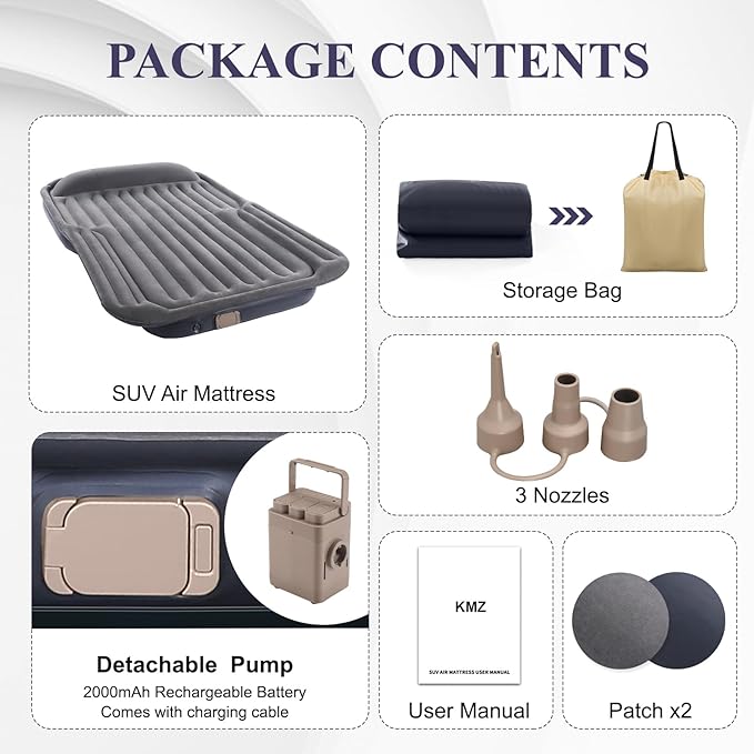 KMZ Inflatable Air Mattress with Built-in Electric Pump -Self Inflatable/Deflation Blow Up Mattress in 90 Seconds- Flocked Top Carbed with Carry Bag for Travel, Camping