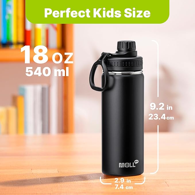 Kids Insulated Water Bottle-18 oz Stainless Steel Vacuum Wide Mouth Sports Flask with Silicone Boot-Reusable Metal Leak Proof Travel Water Bottle for Girls Boys, BPA-Free(Blak)
