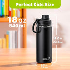 Kids Insulated Water Bottle-18 oz Stainless Steel Vacuum Wide Mouth Sports Flask with Silicone Boot-Reusable Metal Leak Proof Travel Water Bottle for Girls Boys, BPA-Free(Blak)