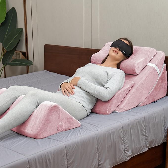 6pc Adjustable Orthopedic Wedge Pillow Set – Relieve Acid Reflux, Snoring, Back Pain & Post-Surgery Discomfort (Pink)