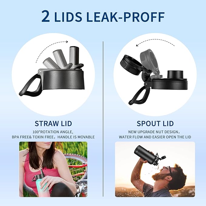 KXIAOCHEN Insulated Water Bottle, Stainless Steel Water Bottle, 2 Lids (Straw and Handle Lid),Wide Mouth Metal Water Bottles Keep Hot and Cold, Double Walled, Thermo Mug, Metal Canteen