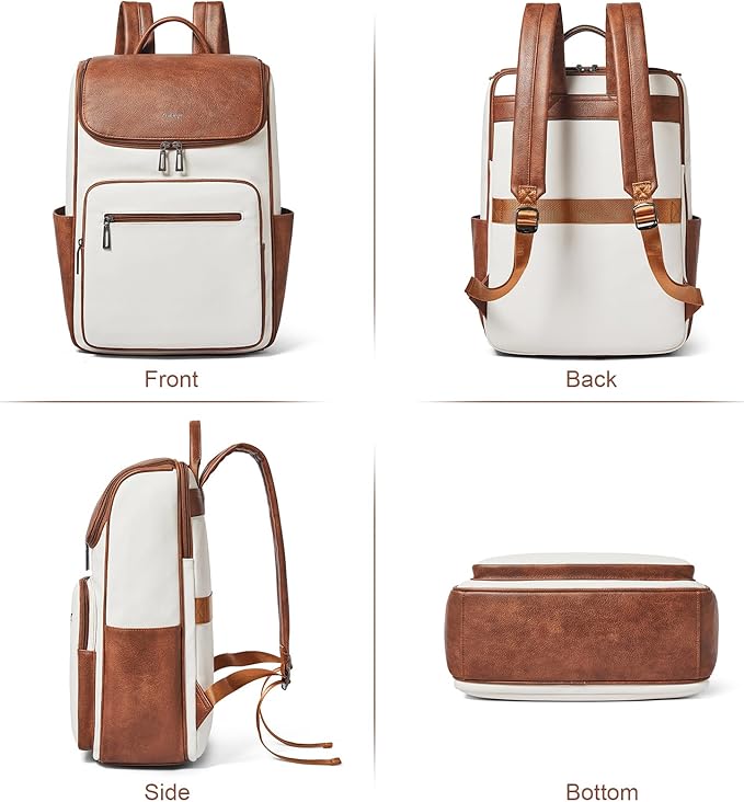 Leather Backpack for Women, Fits 17 Inch Laptop in Main Compartment, Dedicated 15.6 Inch Padded Sleeve, Large Vegan Leather Travel Computer Bag with Luggage Strap for Business and Work, Beige