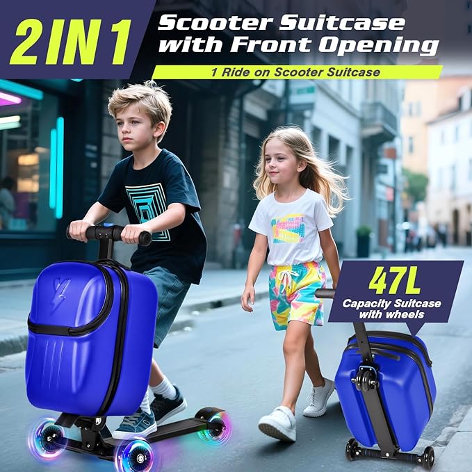 smilesun Foldable Ride On Scooter Suitcase with Front Opening, Lightweight Carry On Scooter Luggage for Adults, Teens & Kids（Blue 20-inch）