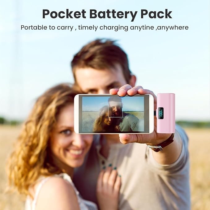 [2-Pack]Small Portable Charger 5200mAh,Upgraded PD USB C Power Bank Built-in USB-C Connector,LCD Display Battery Pack for iPhone 15/15 Plus/15 Pro/15 Pro Max/Samsung Android(Pink+Green)