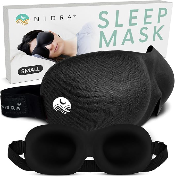 Nidra Contoured Sleep Mask for Side Sleepers – Zero Pressure Fit, Light Blocking Eye Shade for Sleeping & Travel – Black, Small Size