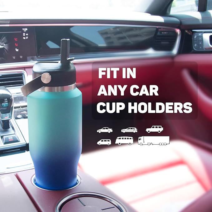 Insulated Water Bottle 32oz with Straw/Spout Lids, Stainless Steel Water Bottles Keep Cold 24h&Hot 12h, Metal Water Bottle with Straw that Fits in Cup Holder, Water Bottle Leak-proof,BPA Free