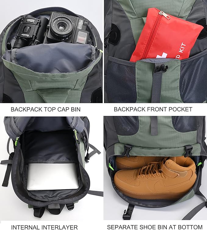 Bseash 50L Hiking Backpack, Water Resistant Lightweight Outdoor Sport Daypack Travel Bag for Camping Climbing Skiing Cycling (Blue Green - With Shoe Compartment)
