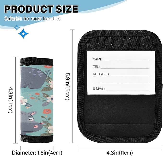 Qilmy Cute Hippo Baby Luggage Handle Wrap 2Pack Luggage Identifiers Tag Comfort Handle Grips Cover for Stroller Suitcase Bag Airplane Travel Accessories1259