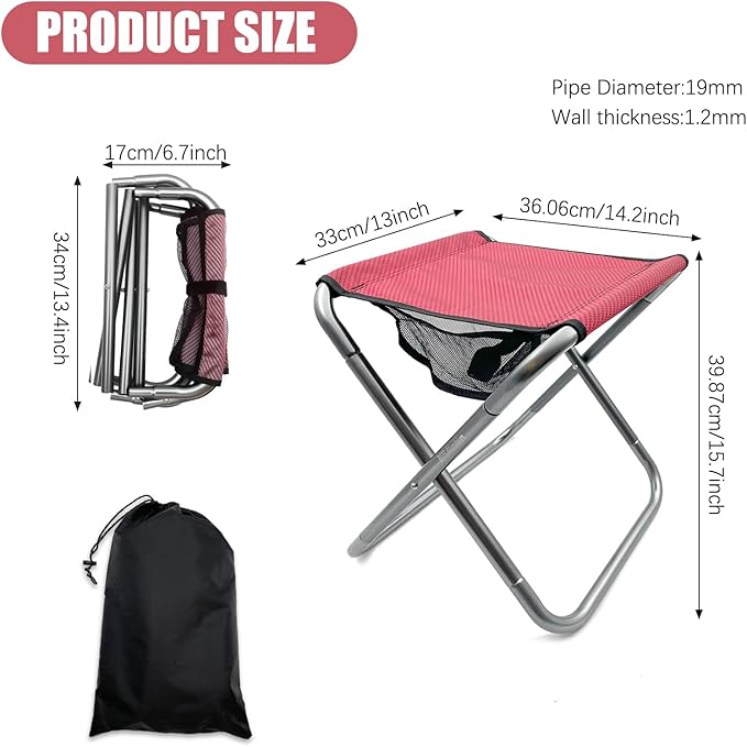 Folding Camping Stool, 16 Inch Tall Portable Folding Stool Aluminum Alloy Lightweight Stool Seat Red Foldable Stool with Carry Bag for Fishing Outdoor Camping Hiking and BBQ (Red)