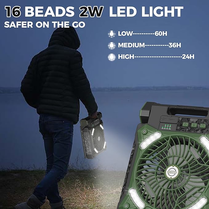 MORECORE 10000mAh 11inch Solar Camping Fan with Dual Charging, 4 Speeds & 3 Light Levels, 36H Run Time, Timer & 90° Adjustable, Portable Quiet Desk Fan for Hiking, Hurricane, Outages, Fishing-Green
