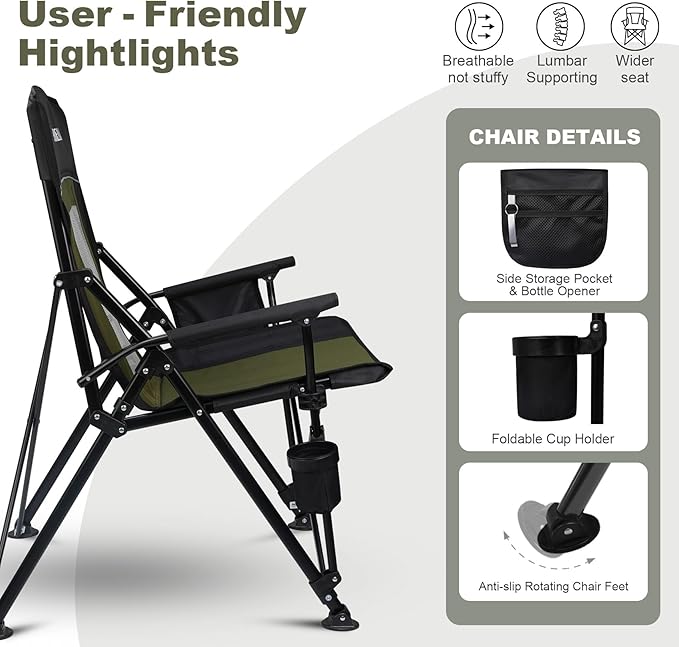 Camping Chair Portable Folding Lawn Chair Comfortable Hard Arm Sturdy for Family Camp, Outdoor, Sports, Beach, Travel, Support 400 lbs, Black&Green