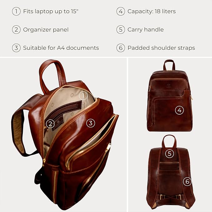 Time Resistance Leather Business Backpack - Laptop and A4 Portfolio Bag - Travel Bag Rucksack (Brown)