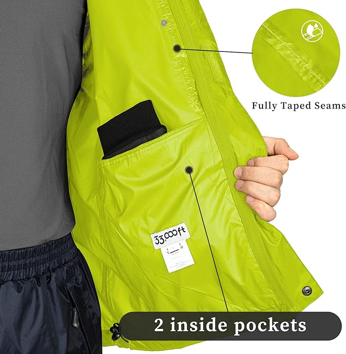 33,000ft Packable Rain Jacket Men's Lightweight Waterproof Rain Shell Jacket Raincoat with Hood for Golf Cycling Windbreaker
