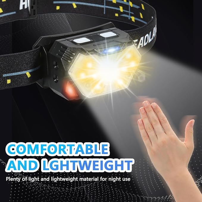 Headlamp,Ultra-Light Bright LED Headlight with White Red Light, Waterproof Motion Sensor Head Lamp,9 Light Modes for Outdoor Camping Fishing Running Working