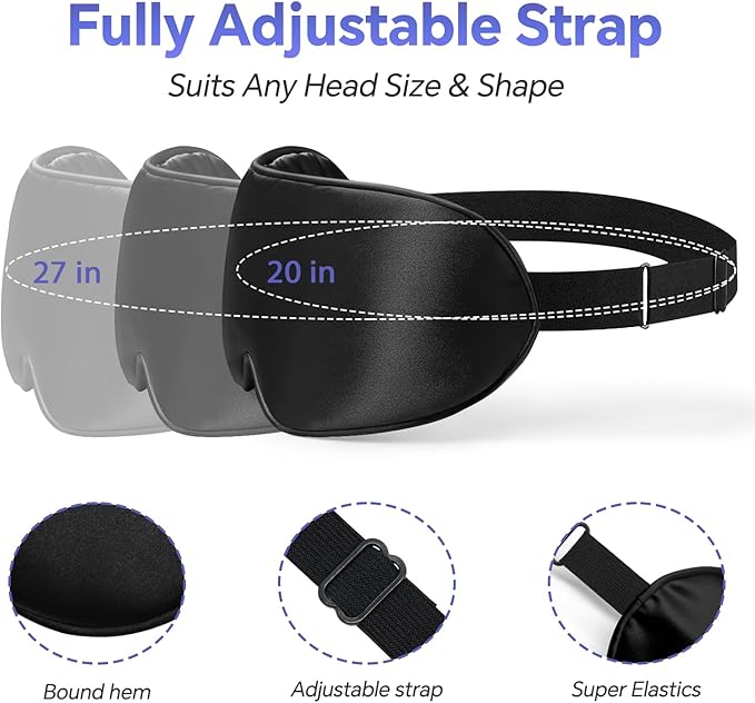 Sleep Eye Mask for Men Women, Silk Sleep Mask for Side Sleeper, Travel Blackout Night Blindfold Eye Shade Cover with Adjustable Strap (Black & Black)