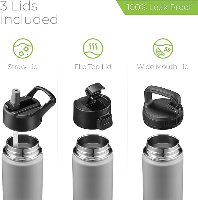 SipX™ Triple-Insulated Stainless Steel Water Bottle 18oz. With 3 Lids, BPA-Free Reusable Insulated Water Bottle Keeps Cold 24 Hours, (Grey)