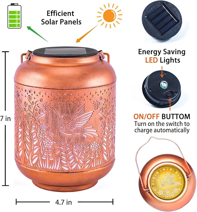 Hummingbird Solar Lanterns Outdoor Waterproof Hanging Solar Lights Hummingbird Gifts for Women/Men Metal Decorative LED Hummingbird Lanterns for Garden Decor,Patio,Lawn,Pathway,Yard