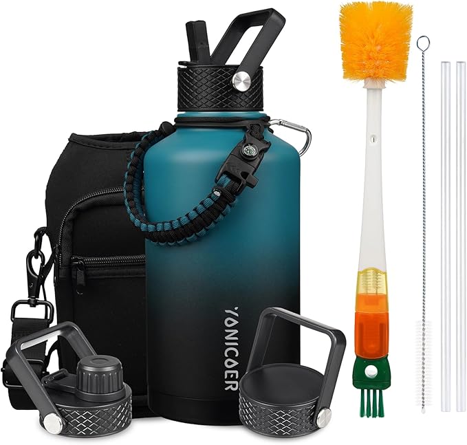 Insulated Water Bottle 64oz,Triple Wall Vacuum Stainless Steel(Dishwasher Safe),Leak Proof & Non-BPA,Flask Jug with Paracord Handle & Straw Spout Lids Sports Gradient indigo blue/black