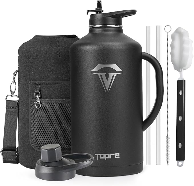 128 oz Insulated Water Bottle with Straw and Lid, One Gallon Stainless Steel Cup with Handle,Leakproof Metal Travel Jug Flask Mug Tumbler Cup With Carry Pouch and Brush,Keep Cold & Hot,Black