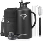 128 oz Insulated Water Bottle with Straw and Lid, One Gallon Stainless Steel Cup with Handle,Leakproof Metal Travel Jug Flask Mug Tumbler Cup With Carry Pouch and Brush,Keep Cold & Hot,Black