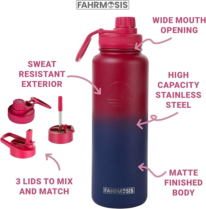 40 Oz Water Bottle with Straw Stainless Steel Sports Water Bottle with 3 Lids (Straw, Chug and Flip Lid) Insulated Leak Proof Metal Jug for Men & Women - Red Fusion