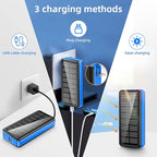 Portable Charger with Built in Cable and Wall Plug 50000mAh PD30W Fast Charging Solar Power Bank with 5 Output & 2 Input Dual LED Flashlights Phone Holder External Battery Pack (Blue)