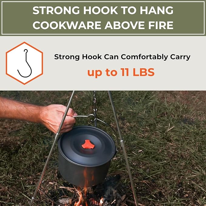 Tactiko Survival Campfire Cooking Tripod – 33" Stainless Steel Folding Stand with Adjustable Chain – Compact & Lightweight Outdoor Gear for Hanging Kettles, Pots & Percolators – Carry Bag Included