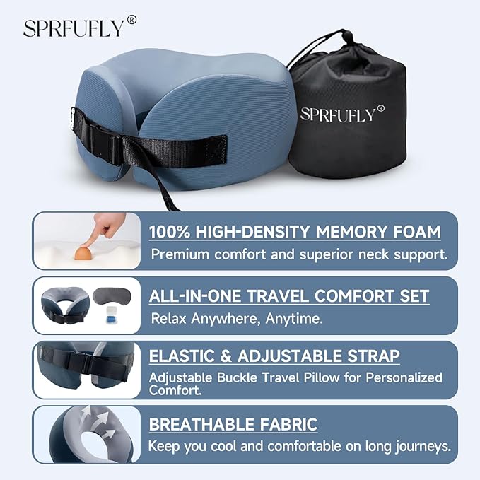 SPRFUFLY Neck Pillow for Traveling, Airplane Pillow with Sleep Mask and Ear Plugs, Breathable Removable Cover & Ergonomic Design - Essentials Travel Pillow for Airplane/Car Road Trip(Azure Blue)