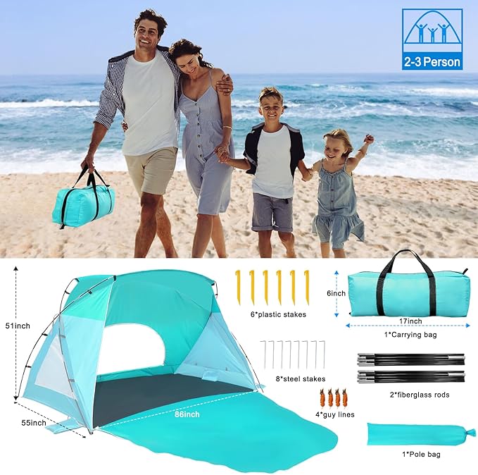 Beach Tent, Portable Sun Shelter for 2/3/4/6-8 Person with UPF 50+ UV Protection, Easy Setup Waterproof Beach Shade Canopy Cabana for Family Outdoor and Picnics, Fishing with Carrying Bag