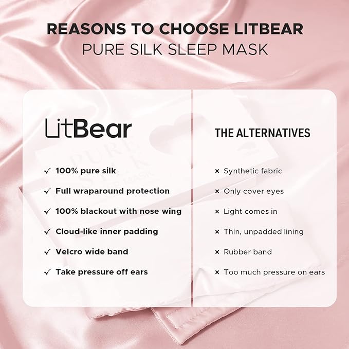 LitBear Silk Sleep Mask for Side Sleeper, Eye Mask Sleeping for Women Men 100% 22 Momme Pure Mulberry Silk, Face-Hugging Padded Eye Cover for Sleeping with Adjustable Band (Pink)