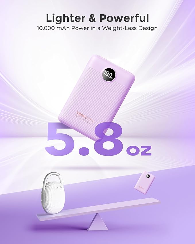 VEEKTOMX Small Portable Charger, Mini Power Bank 10000mAh, PD 22.5W Fast Charging USB-C Battery Bank, Travel Essentials Dual Voltage External Portable Powerbank for iPhone/Samsung/Google Pixel, Purple