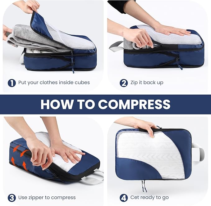10 Set Compression Packing Cubes, Lightweight Travel Essentials, Stretchable Expandable Storage Bags, Compression Bags for Travel Accessories Luggage Storage Set (10 Pcs, Navy Blue)