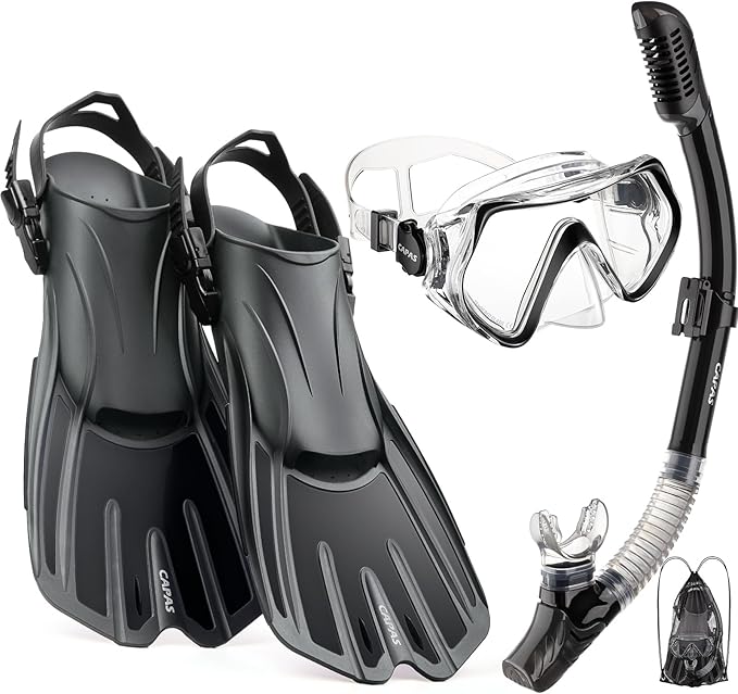 CAPAS Snorkel Mask Fins Set, Travel Size Snorkeling Gear for Adults with Adjustable Fins, Diving Mask and Dry Top Snorkel, Come with a Carrying Bag