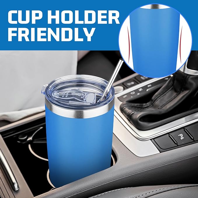 20 oz Tumbler with Lids and Straws, Stainless Steel Insulated Travel Coffee Mug, Double Wall Vacuum Insulated Tumblers, Powder Coated Coffee Tumbler for Cold & Hot Drinks (Sea Blue, 6 Pack)