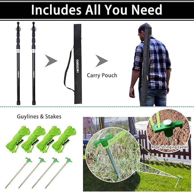 Telescoping Tarp Poles, Heavy Duty 7.67ft Aluminum Tent Poles for Tarp with Rubber Cap, Portable Set of 4 Adjustable Poles for Camping, Awning, Sun Shade, Free Carry Pouch