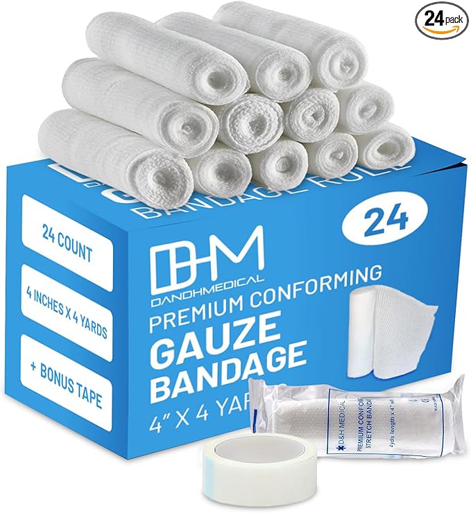 D&H Medical Pack of 24 Gauze Bandage Roll 4 Inches x 4 Yards - Medical Gauze Wrap for Wounds Care - Easy to Use Cotton Gauze Rolls for Hand Wrap Dressing Ankles & Knees