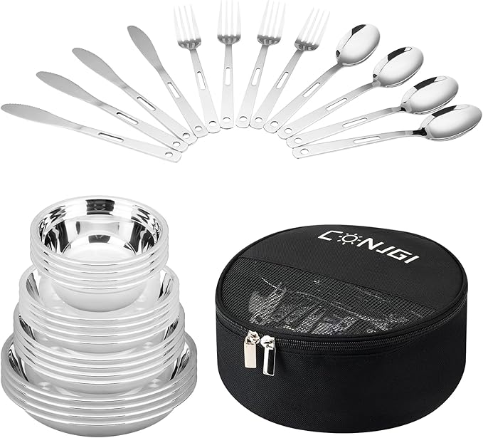 Camping Mess Kits - 28pcs Camping Dinnerware Set Camping Gifts Camping cookware Sets Camping Accessories Camping Cooking Utensils Set Bowls, Plates, Knives, Forks, Spoons