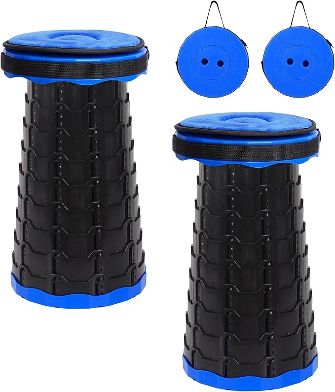 2 Pack Portable Telescoping Stools Collapsible Stool with Cushion,Retractable Foldingstool Max Load Capacity 400lbs, Portable Collapsible Stools for Camping Hiking Outdoor BBQ Black-Blue
