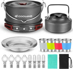 Odoland 22pcs Camping Cookware Mess Kit, Large Size Hanging Pot Pan Kettle with Base Cook Set for 4, Cups Dishes Forks Spoons Kit for Outdoor Camping Hiking Picnic