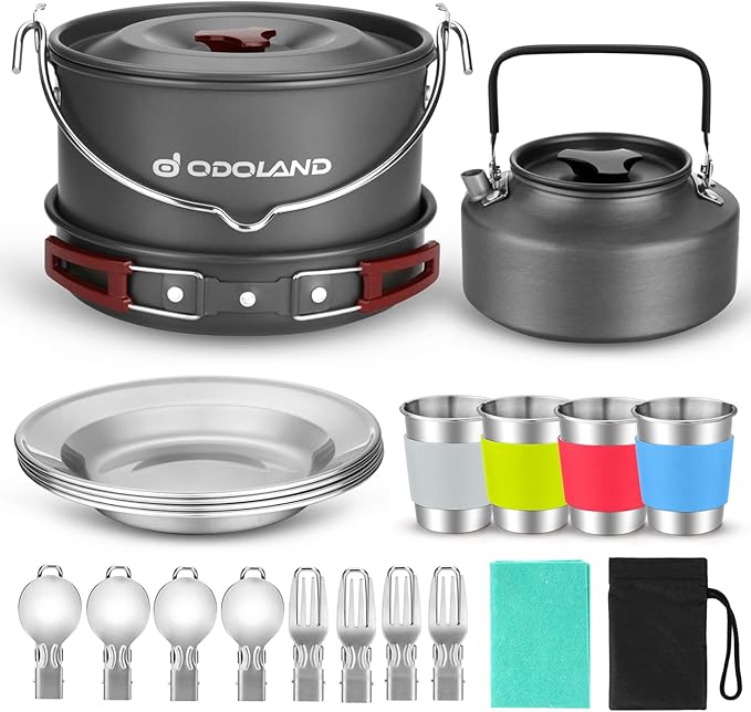 Odoland 22pcs Camping Cookware Mess Kit, Large Size Hanging Pot Pan Kettle with Base Cook Set for 4, Cups Dishes Forks Spoons Kit for Outdoor Camping Hiking Picnic