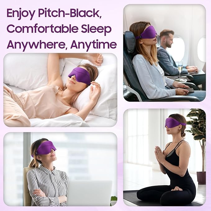 Sleep Mask - Total Blackout 3D Sleeping Mask, Super Lightweight & Silky Soft Eye Mask for Sleeping, Fully Adjustable Fit for Home, Office, Traveling, Meditation, Yoga, Purple
