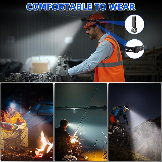 High Lumen Rechargeable Headlamp, Super Bright Head Lamp, 90°Angle Head Lights for Forehead, Adjustable Focus Headlight, 4Mode LED Headlamp Rechargeable, Headlamps for Adults Hard Hat Camping (2Pack)
