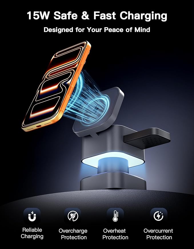 3 in 1 Wireless Charging Station, Wireless Charger with Night-Lamp & Retractable Design, Phone Wireless Charger Fast Charger for Phone 17/16/15/14/13/12/11/X Pro/Max/Plus/Watch/pods