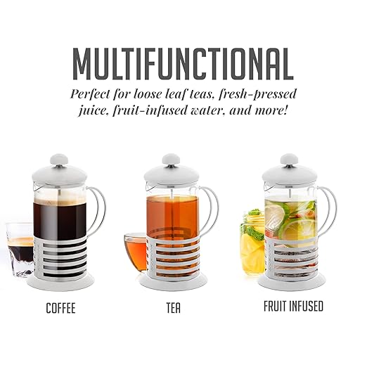 OVENTE French Press Coffee Maker 34 Ounce with Heat Resistant Borosilicate Glass, Stainless Steel Design and 4-Level Filter System, Portable Cold Brewer Pot for Travel, Camping or Gift, Silver FSH34S